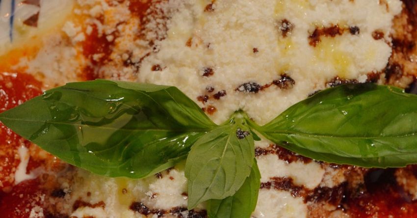 Italian Cuisine - A plate with a piece of chicken and basil