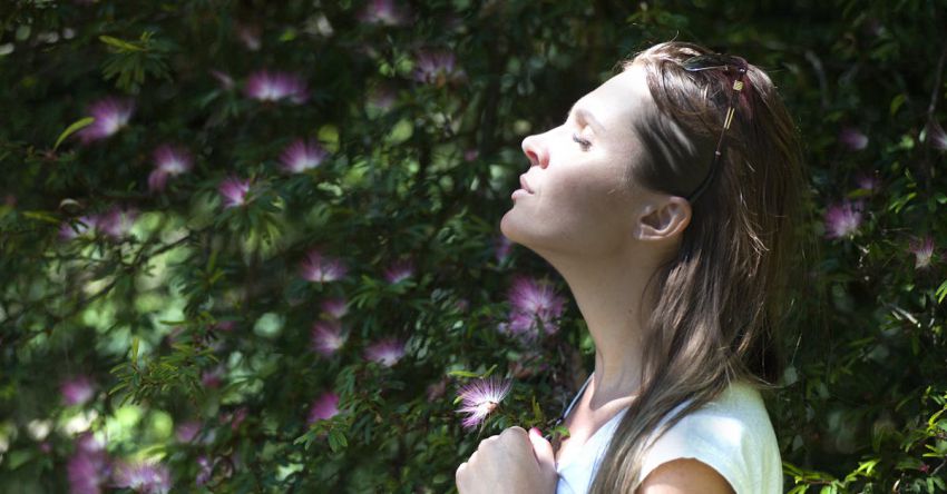 Deep Breathing - Woman Closing Her Eyes Against Sun Light Standing Near Purple Petaled Flower Plant
